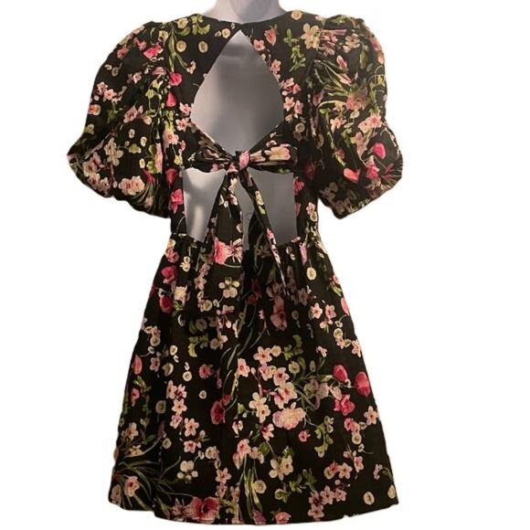 H&M Black Floral Puff Sleeve Cutout Back Bow Mini‎ Dress EUR S - Picture 4 of 5